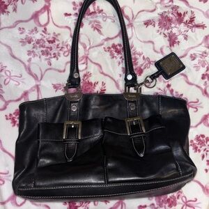 Tignanello Vintage Black Leather cargo Bag with white stitching and buckles